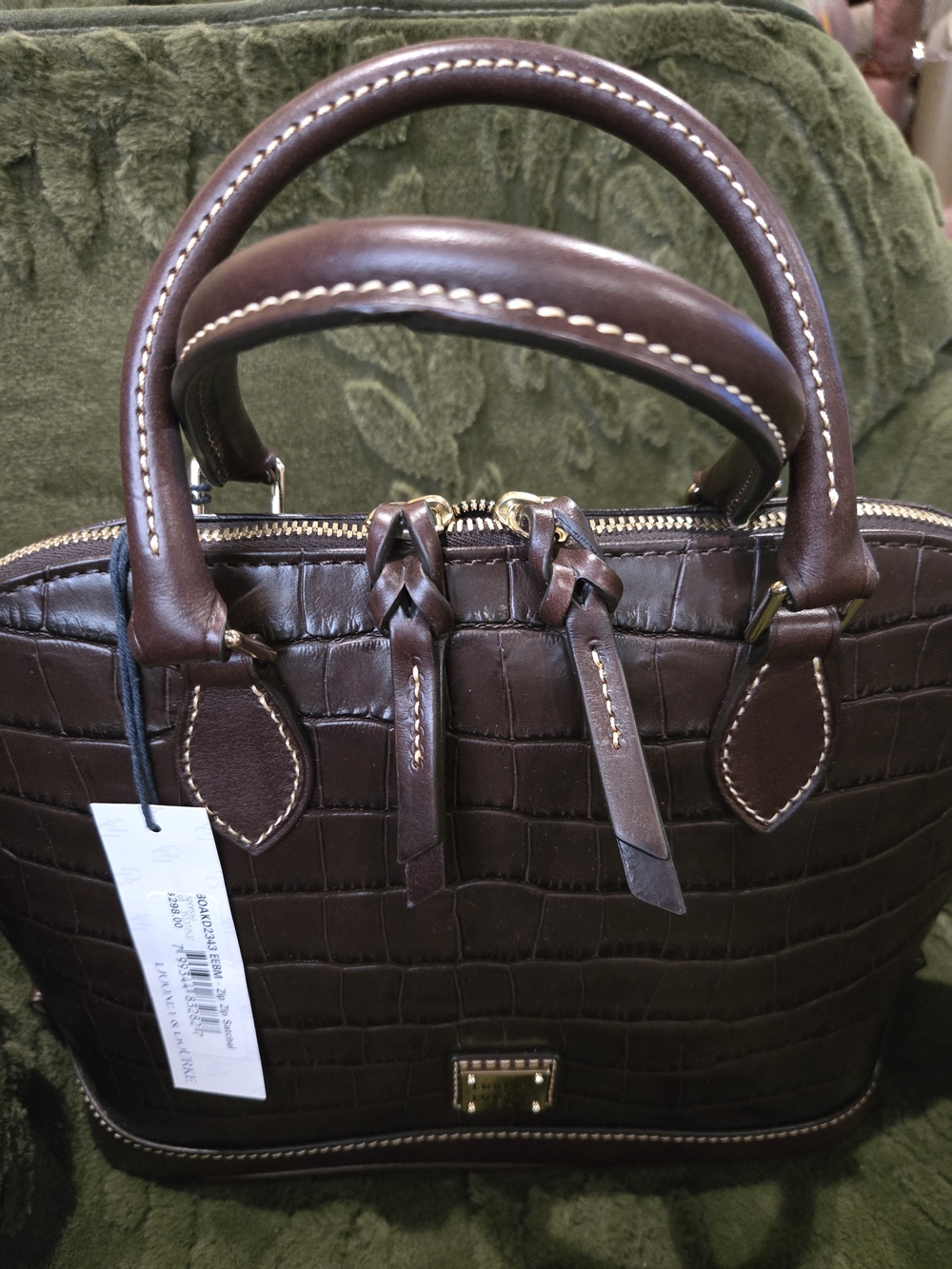 Dooney & Bourke.  Croc-Embossed Zip-Zip Satchel in Rich Drk Chocolate Brown. NWT
